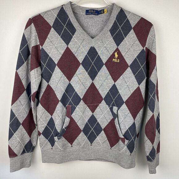 Polo Ralph Lauren Argyle Print Fleece Sweatshirt Sweater Men’s Small Gray Preppy - Picture 1 of 12